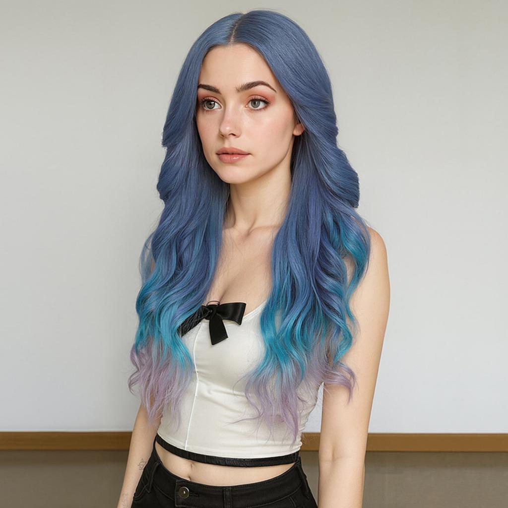 Blue-purple Wavy Wig with Bangs Realistic Cosplay Fake Hair For Daily Dress Party Halloween