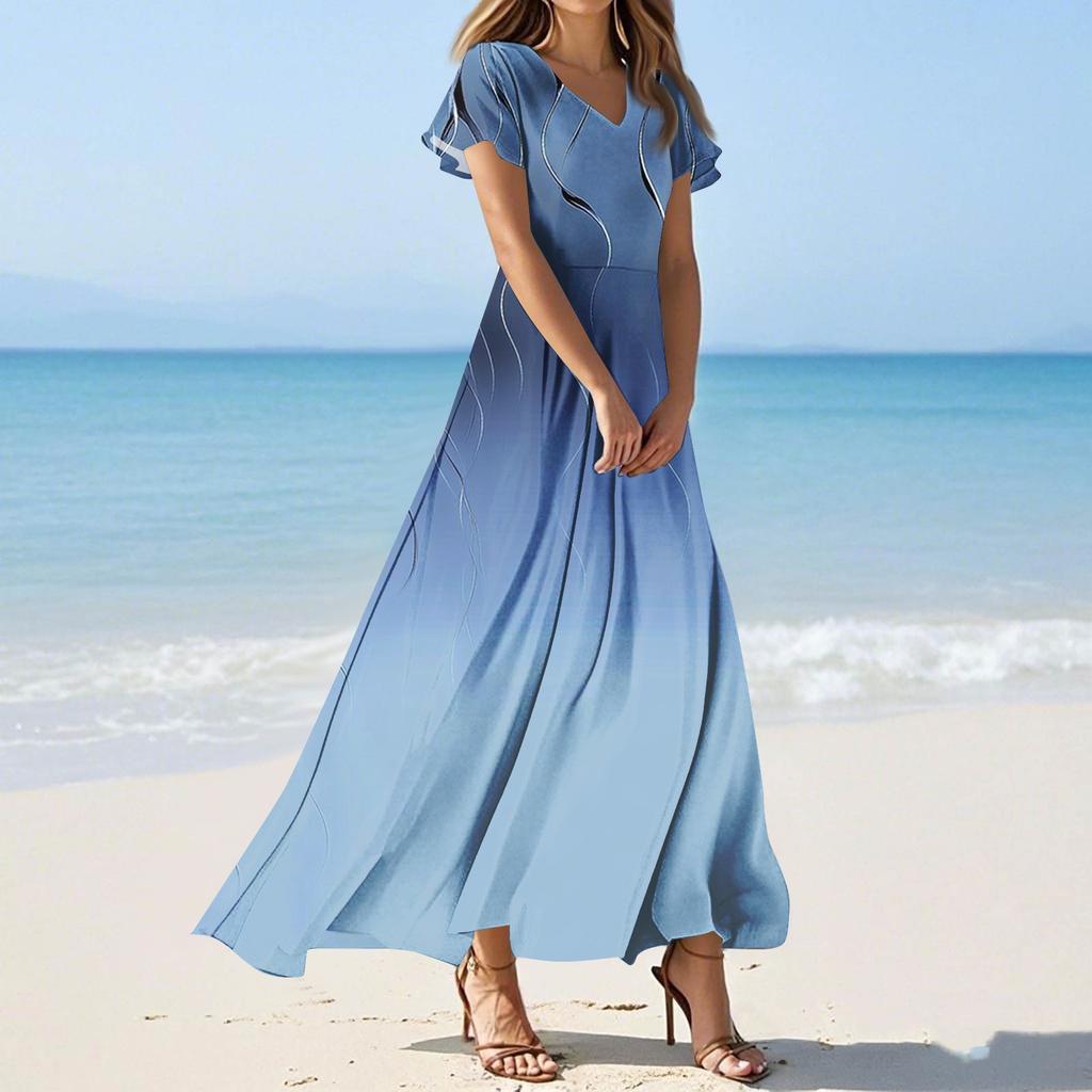 Women's Casual Fashion Print Long Dresses V-Neck Short Sleeve Dresses