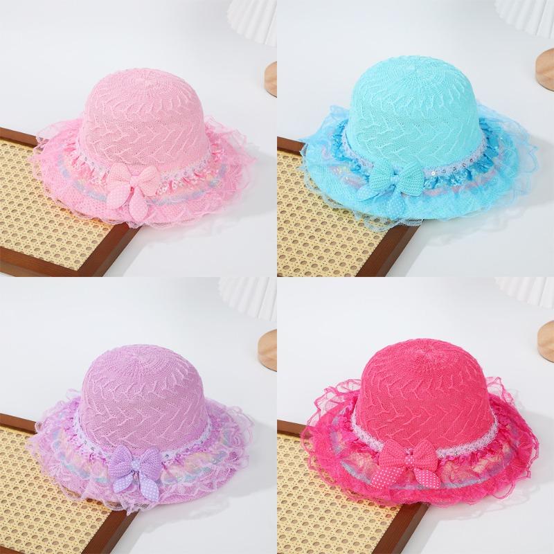 Princess style baby sunscreen hat leisure travel visor girls bow yarn edge woven sun hat
