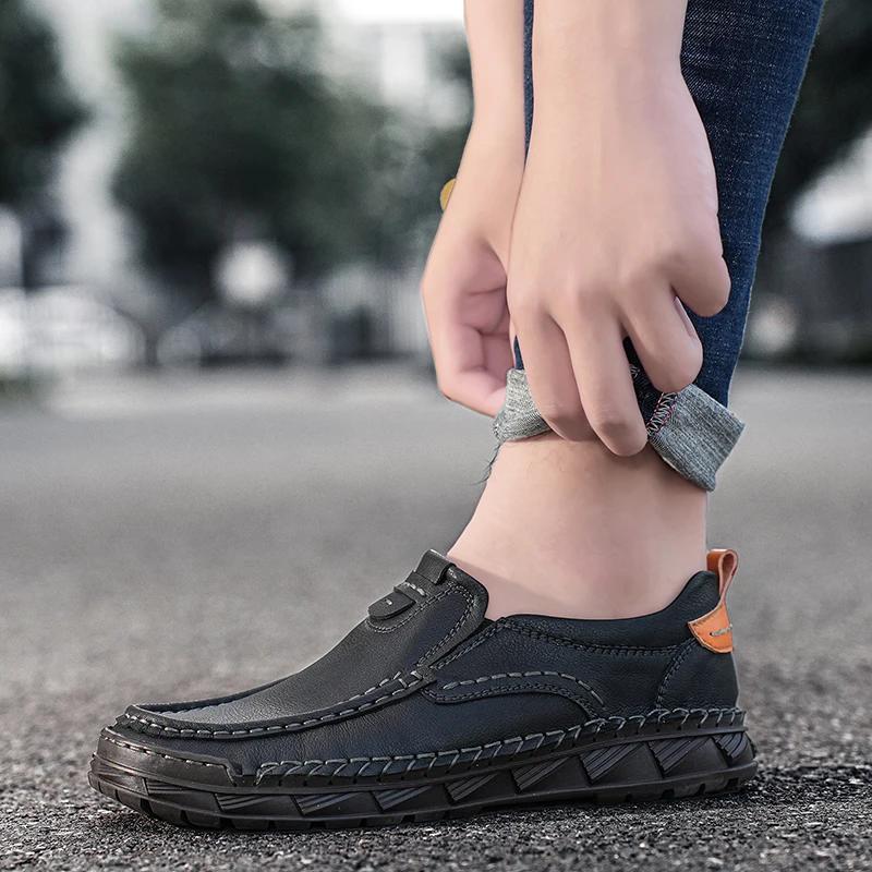 Leather Men Loafers Outdoor Fashion Soft Casual Shoes For Men Handmade Sewing Slip On Male Moccasins Men Tenis Masculinos