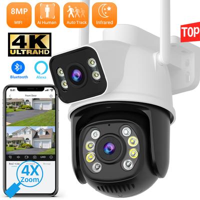 8МП 4K PTZ Wi-Fi камера с двумя объективами и двумя экранами, с ИИ обнаружением человека, автоматическим слежением, беспроводная уличная камера видеонаблюдения