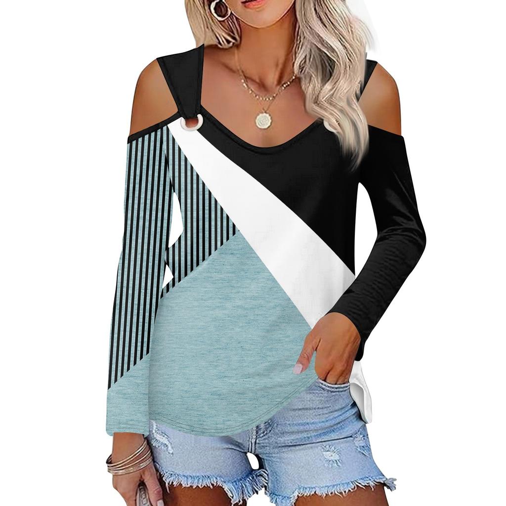 Women's Casual Shirt Blouse Print V-neck Sexy Cold Shoulder Long Sleeve Top