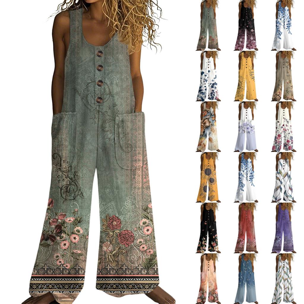 Women's Fashionable Casual Button-down Sleeveless Jumpsuit, Retro Floral Printed Cotton Pocket Jumpsuit