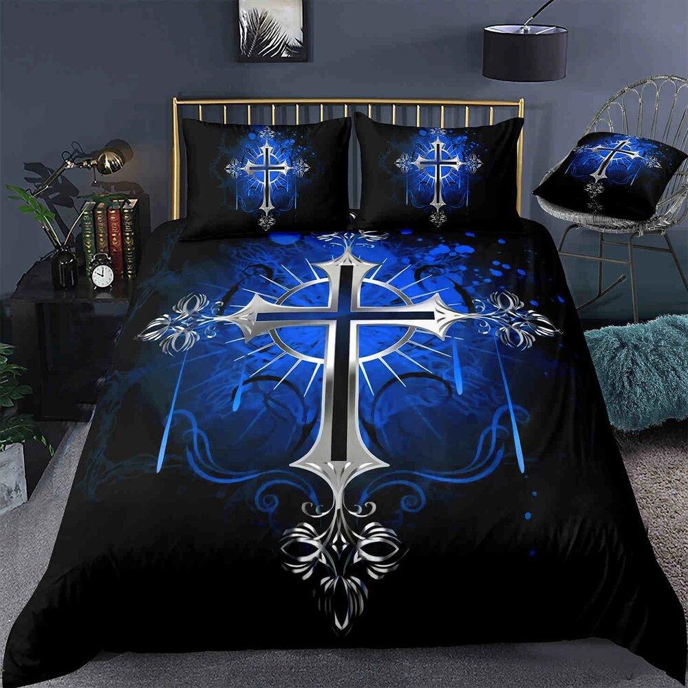 Jesus Cross Duvet Cover Set King Queen Size Christian Retro Design Polyester Quilt Cover for Teens Adult Jesus Christ Believer