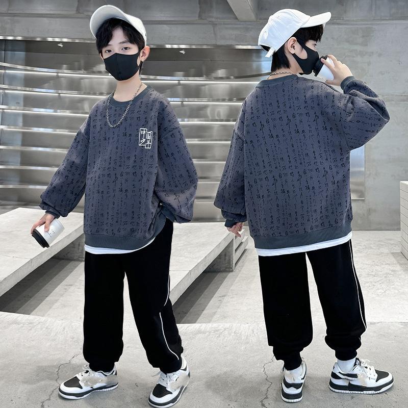 Детская одежда Костюмы для мальчиков Большие детские весенние и осенние свитера с принтом в виде букв, комплект из двух частей