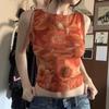 Retro-Style Sexy Tops for Women, Niche Spicy Girl Print, Bright Color Summer Island American-Style Tie-Up Tank Top, Vacation Drawstring