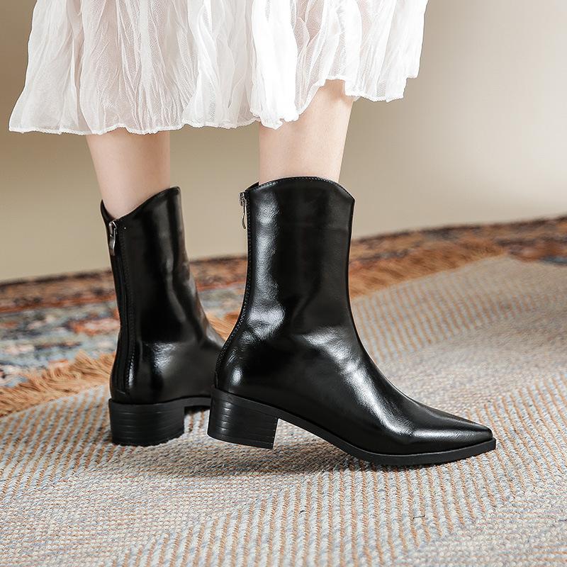 Женские рыцарские сапоги с застежкой-молнией сзади, короткие, с трубчатым носком, ретро-сапоги в британском стиле в стиле вестерн-ковбой