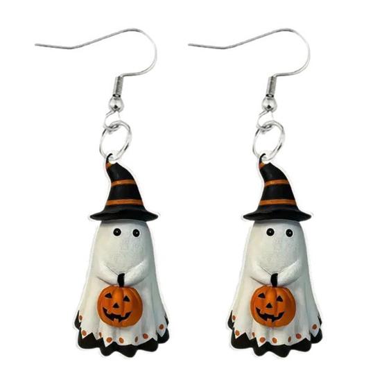 Ghost Pumpkin Earrings Cute Earrings, with Wizard Hat Decor, Antioxidant Metal Halloween Drop Lightweight Acrylic Pendant