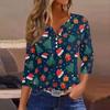 Women's Fashionable Casual Christmas Printed V-neck Three-quarter Sleeve Decorated Button Top