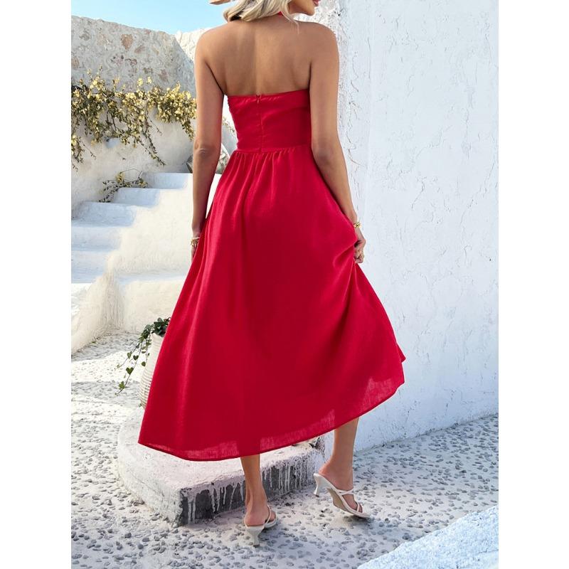 Women Vacation Style Solid Color High Waist Sleeveless Hanging Neck Long Dresses