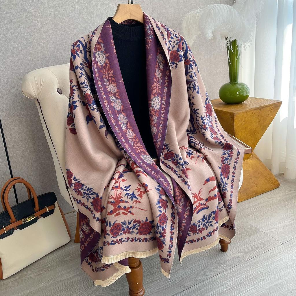 Classic Floral Print Polyester Scarf for Women - Thick Warm Shawl with Short Fringe - Weekend Casual Decorative Wrap - Windproof, Woven Craftsmanship