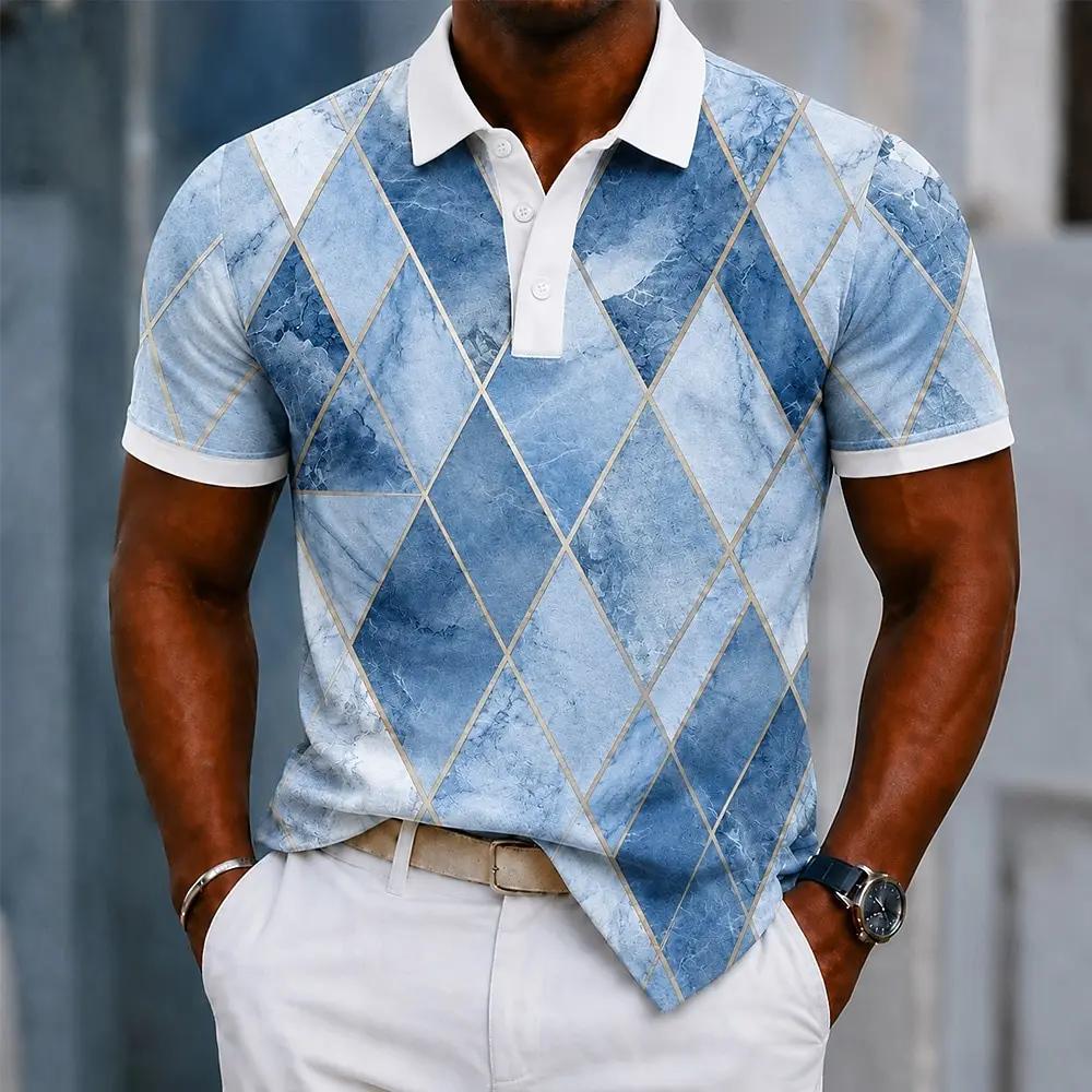 Stylish Marble Argyle Pattern Short Sleeve Polo Shirt, Perfect for Daily Wear.