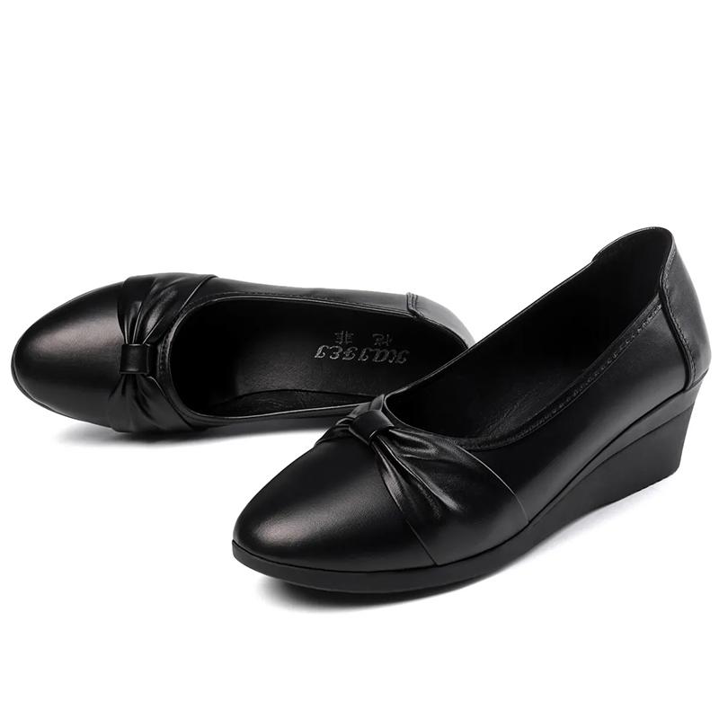 Women Wedges Pumps PU Leather Heels Slip On Shoes Black Office Lady Shoes Spring Summer Pumps Shallow Platform Zapatos