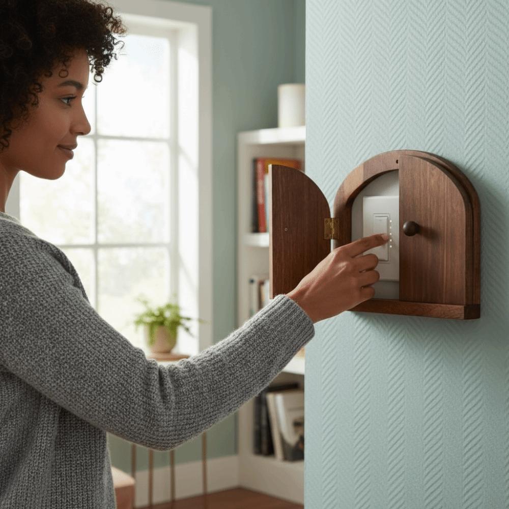 Rustic Style Solid Wood Switch Cover Double Door Design Switch Protector Living Room