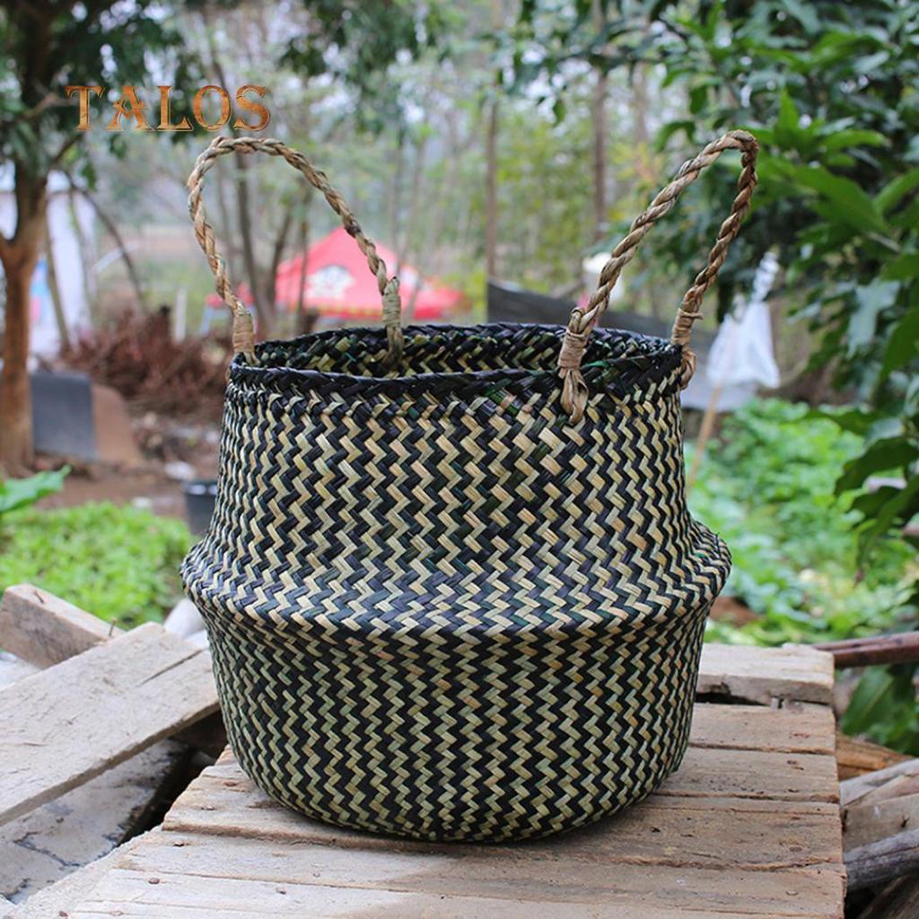 T-Garden Folding Straw Wicker Storage Basket Handle Garden Flower Pot Planter Laundry Bag