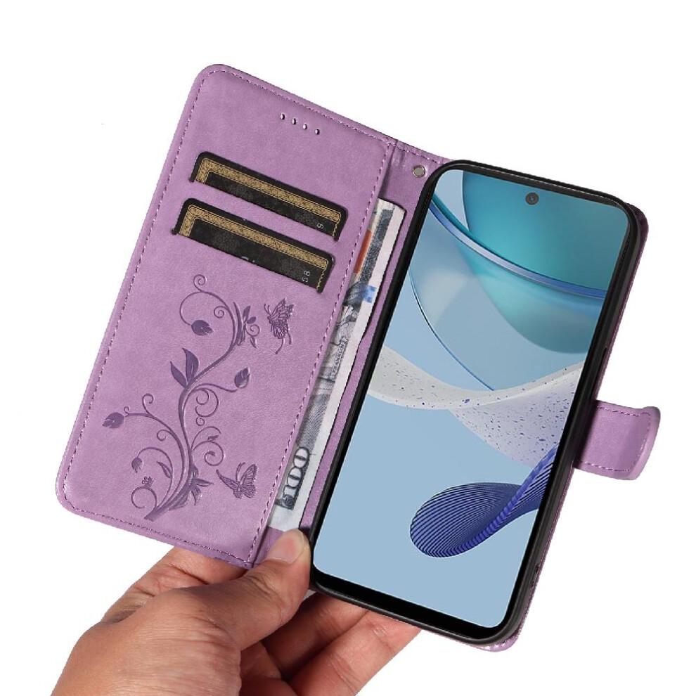 (Purple) Case For Motorola MOTO G13/G23/G53 Wallet Phone Case Embossed Butterfly With Hand Strap And Card Slot High Quality Leather