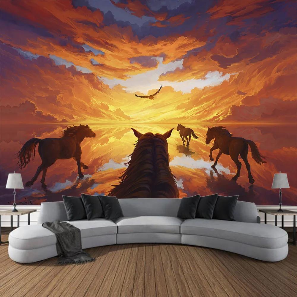 Running Horse Printing Tapestry Animal Wall Hanging Living Room Bedroom Wall Decoration Bohemian Hippie Aesthetic Decoration