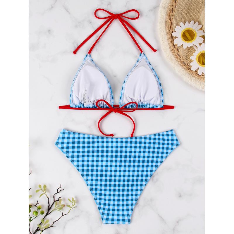 1011 New plaid bikini small chest suit, island travel, slim fit, thin swimsuit women