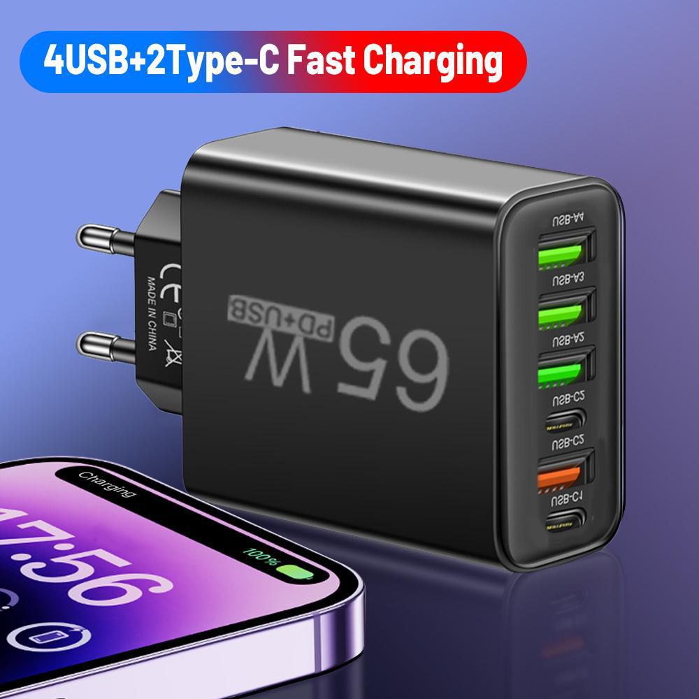 Двойное зарядное устройство Type-C PD + 4 порта USB для путешествий - быстрая зарядка 3,1 А
