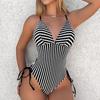 Женский цельный купальник, полосатый принт с открытой спиной, пухом, сексуальный женский купальник, бандажный женский купальный костюм с рюшами, пляжная одежда