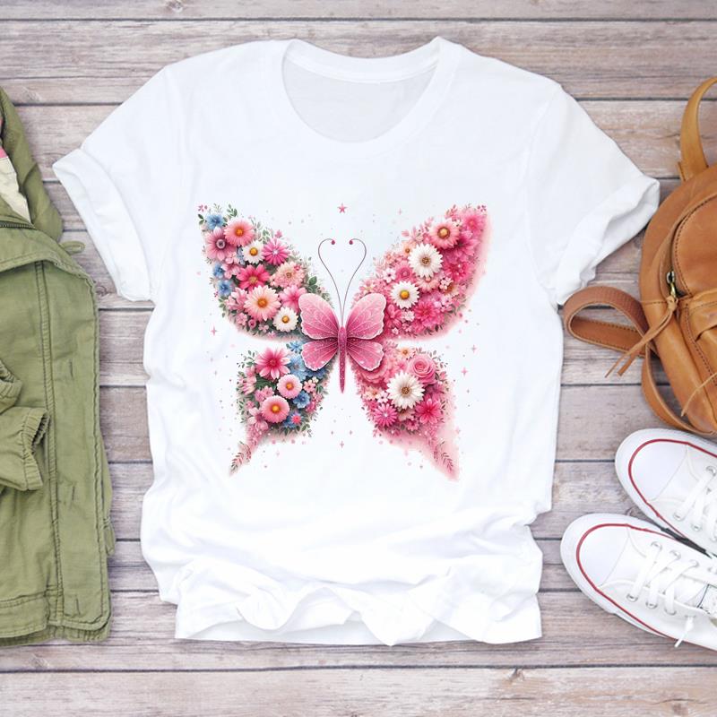 (Asian Size) Women Tee Flower Trend Cute Top Clothing Casual  Short Sleeve T Shirt Fashion Print Lady Female Graphic T-shirts