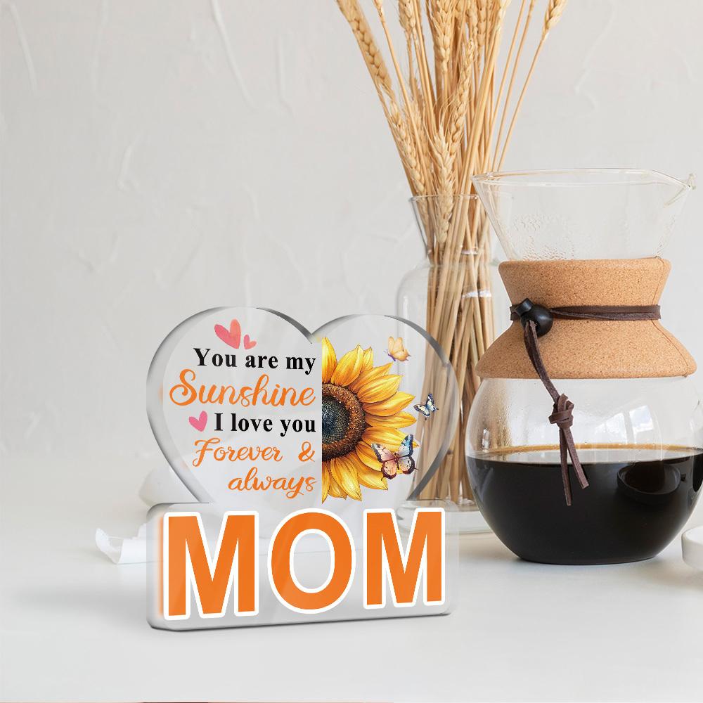 Acrylic Sign Table Decor - 'You Are My Sunshine I Love You Forever & Always Mom' Heart-Shaped Sunflower & Butterfly Design, Contemporary Farmhouse