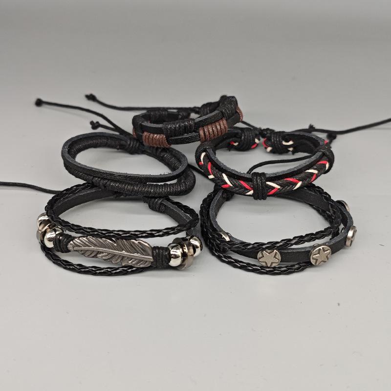 Набор кожаных браслетов с регулируемым шнурком, подвесками-перьями и листьями – Винтажный сплав, Звезда, Плетеная коллекция из 5 предметов