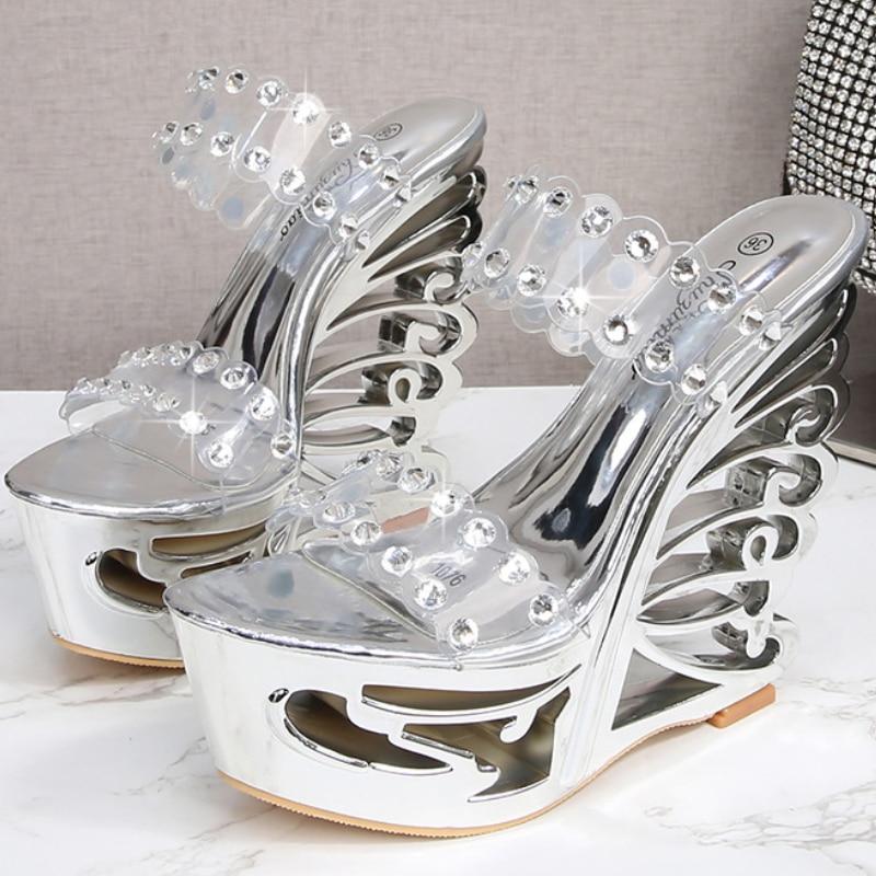 Женская обувь, двухрядные шлепанцы на высоком каблуке с перфорацией, асимметричный каблук, танкетка, серия 1076, каблук 15 см, платформа 5 см, LFD