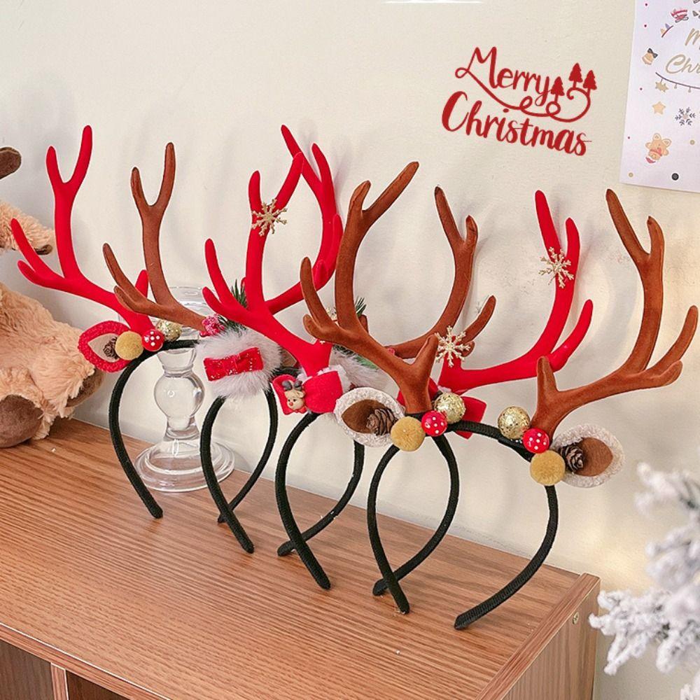 Bowknot Antlers Headband Plush Ball Elk Hair Hoop Deer Horn Hair Band Festival Decoration