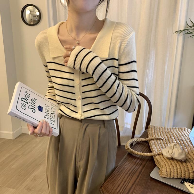 PO Neck Striped Sweater Early Spring New Women's Clothing Slim-fitting Base with Knitted Cardigan Jacket Top