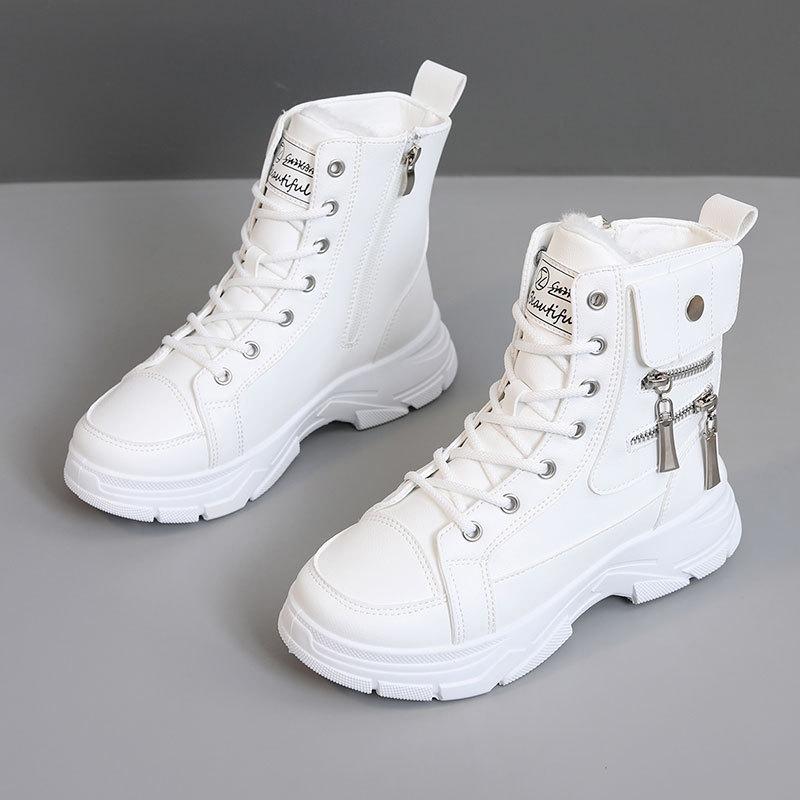 Women Winter Boots Fashion Leather Casual Shoe High Top Sneakers for Women Plush Warm Cotton Shoes Zipper Platform Short Boots