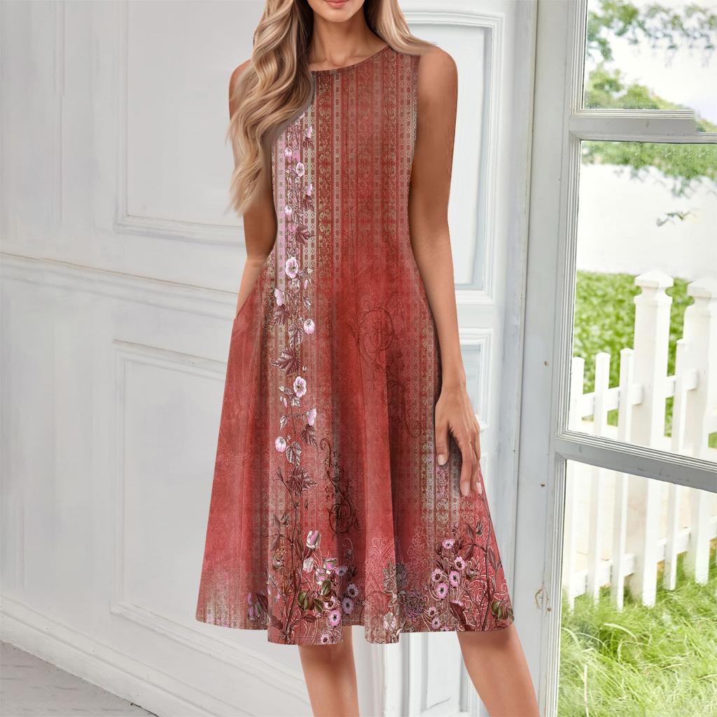 Женское модное повседневное платье-пуловер с круглым вырезом без рукавов и принтом средней длины