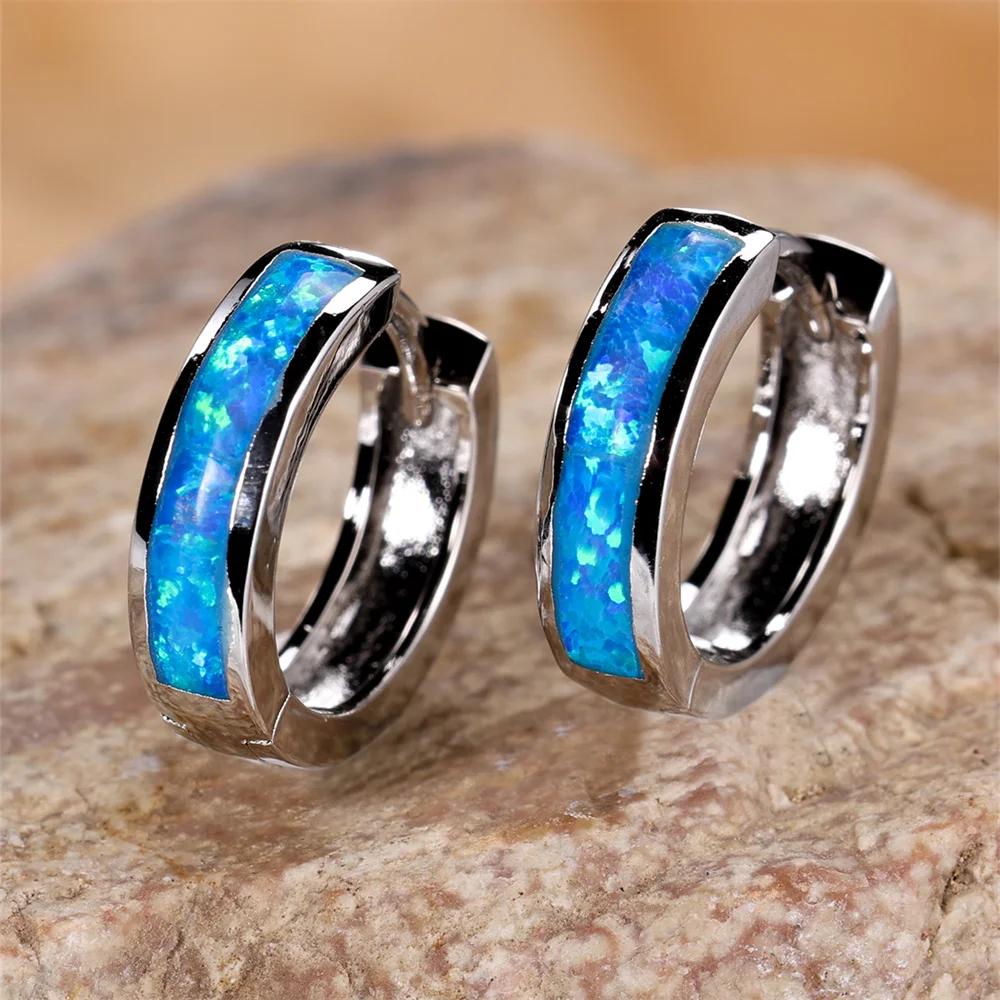 Классические маленькие круглые серьги-кольца для женщин, белые, голубые, опаловые, винтажные, свадебные, помолвочные украшения