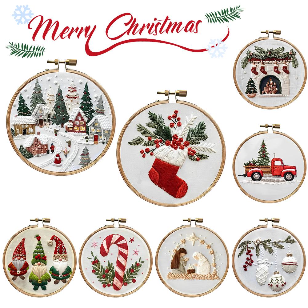 Christmas Embroidery Starter Kit Cross Stitch Set Includes Hoop Cloth Threads DIY Embroidery Kit for Beginners Adults
