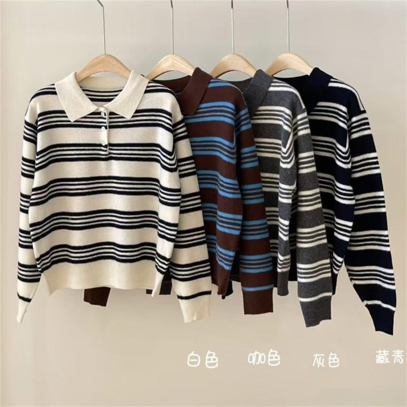 College Style Color Matching Striped Long-sleeved Knitted Sweater Autumn and Winter New Loose and Thin Casual Collar Pullover Sweater Women