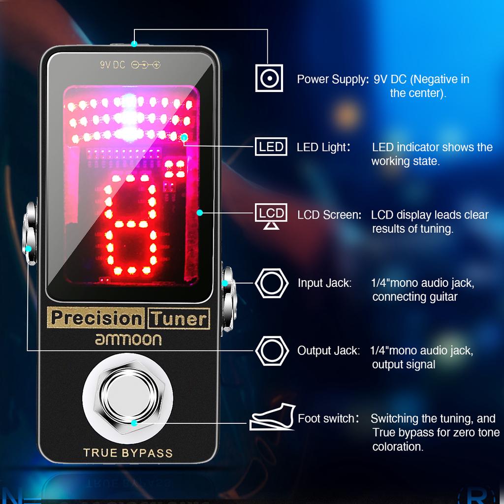 Precision Chromatic Tuner Pedal Large LED Display Full Metal Shell with True Bypass for Guitar Bass