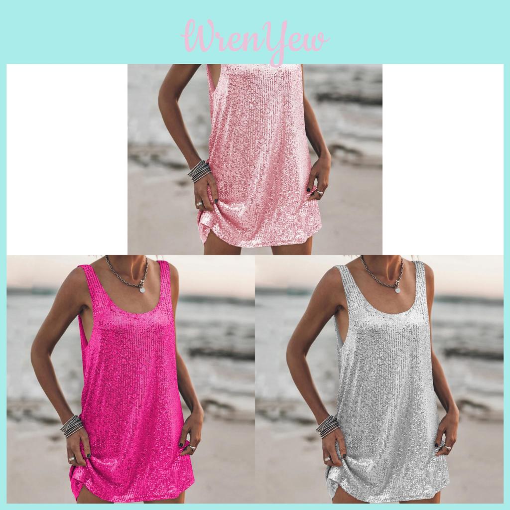 Sequin U Neck Sleeveless Loose Dress With High Waist For Casual And Party Wear