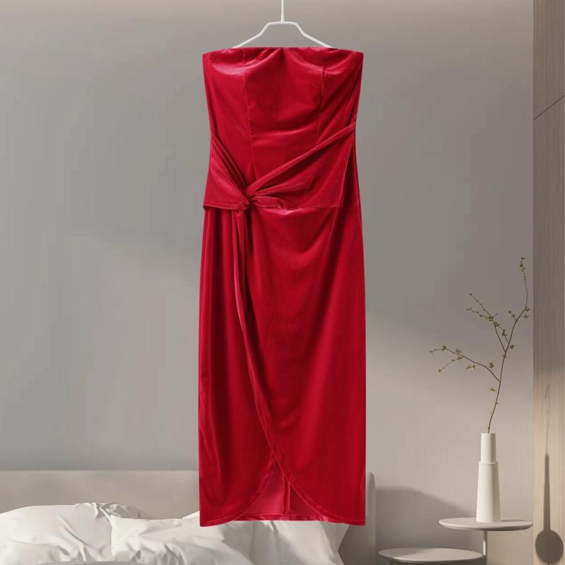 Sexy Velvet Dress Women 2025 Strapless Lace Up Slim Front Split Hip Package Dresses Female Spring Summer Fashion Elegant Lady Dresses