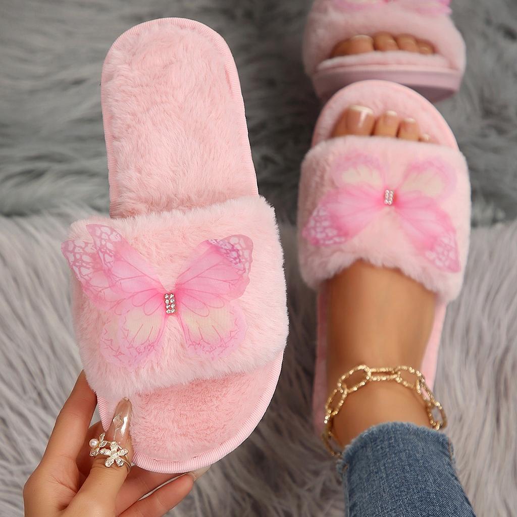 Soft Fluffy Fur Slippers Women Winter House Warm Furry Slippers Women Flip Flops Butterfly Home Slides Flat Indoor Floor Shoes
