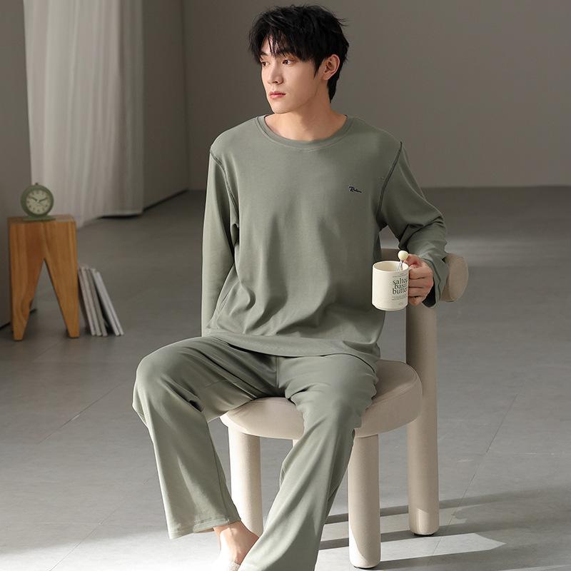 Тип Пижамный костюм из чистого хлопка на осень-зиму для мужчин с длинными рукавами из хлопка, комплект домашней одежды для мужчин, мягкая домашняя одежда для мужчин