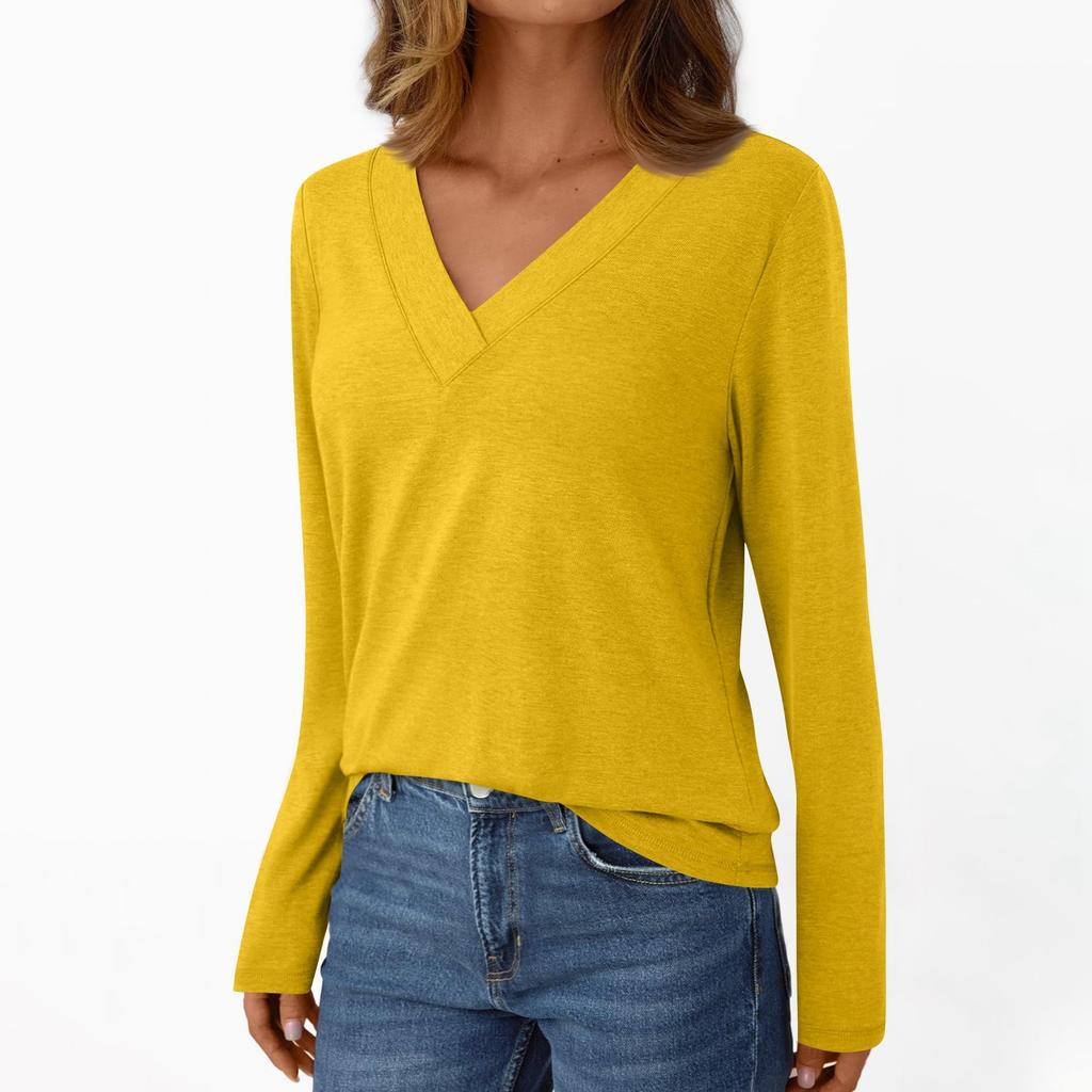Женская повседневная модная футболка с длинными рукавами и V-образным вырезом, однотонная, с начесом