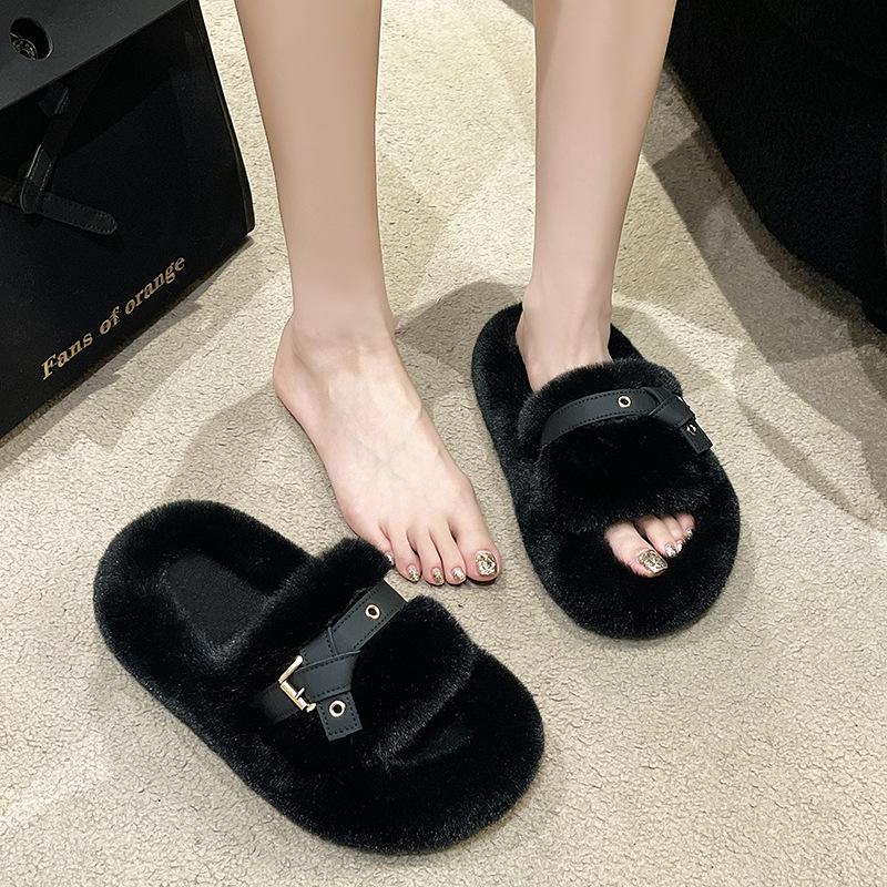 Fashion 2024 Autumn-winter Fluffy Slippers Women Wear Indoor Home Belt Buckle Thick Bottom Plush Cotton Drag Woman