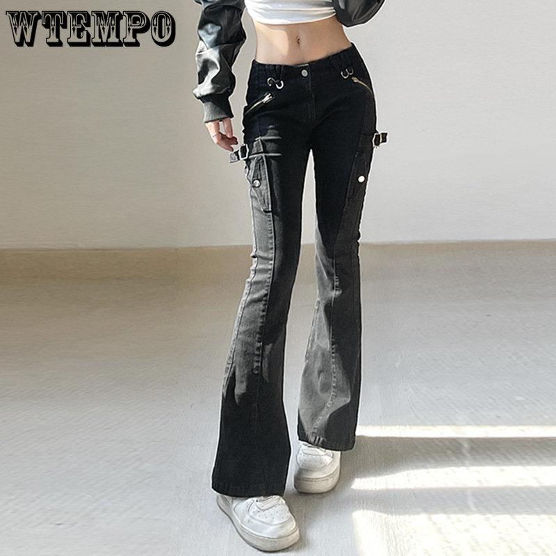 WTEMPO Brand Retro Street Hot Girls Style Low Waist Micro Flare Jeans Personality Pocket Casual Pants Women Micro Flare Pants
