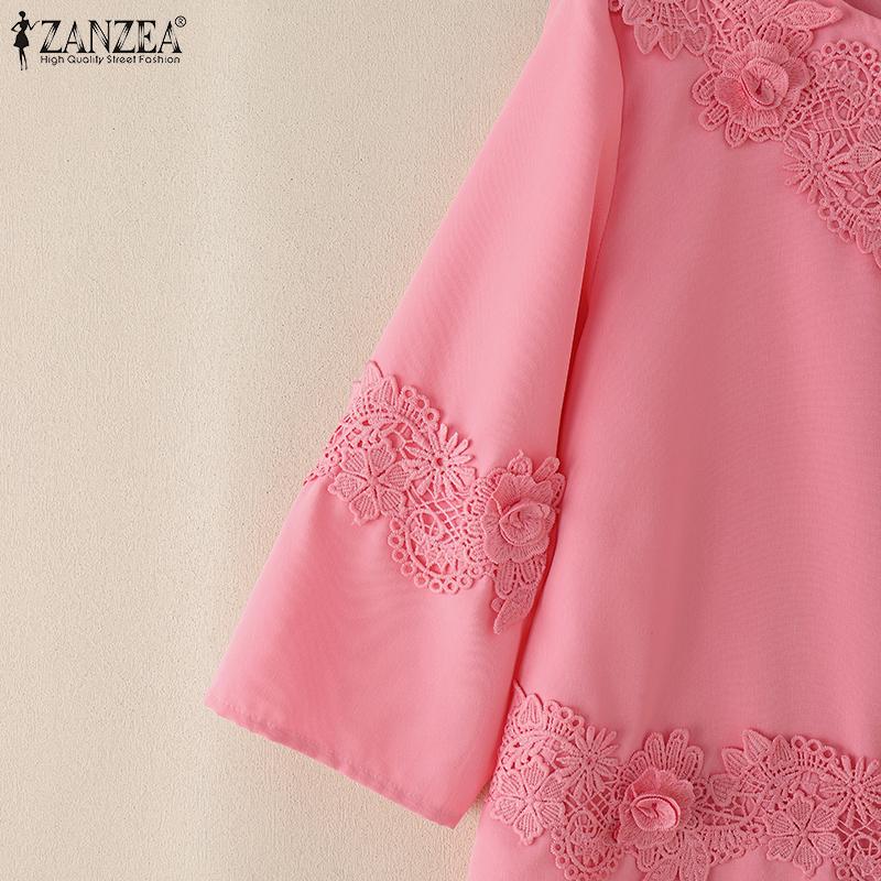ZANZEA Women Casual Round Neck 3/4 Sleeve Summer Patchwork Blouse