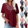 Хлопково-льняная рубашка с вышивкой, однотонная женская художественная рубашка с v-образным вырезом и короткими рукавами, летняя