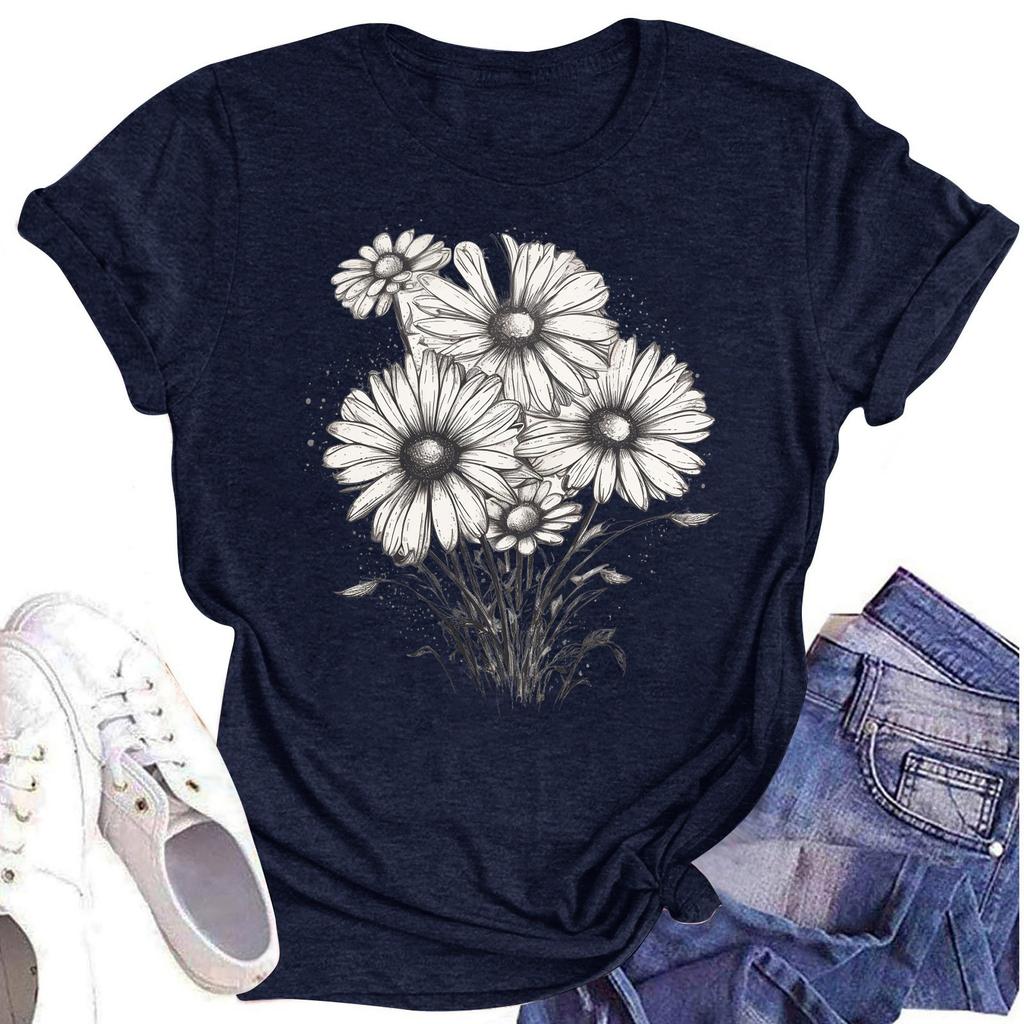 Women's Casual Round Neck Floral Print Short Sleeve T-Shirt Top