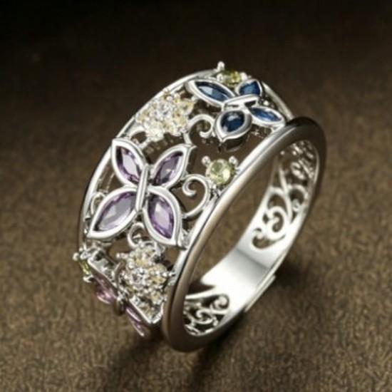 Silver multi-layered iridescent butterfly ring Vintage forest-themed purple, blue, and yellow cubic zirconia wrap ring