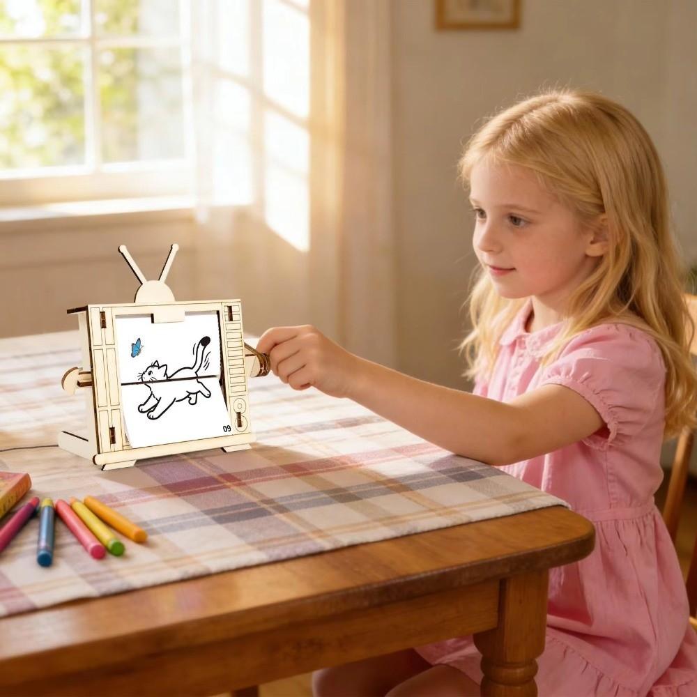 Educational STEM Science Toy Wooden DIY Assembly Toy Hand Cranked Animation Machine For Children