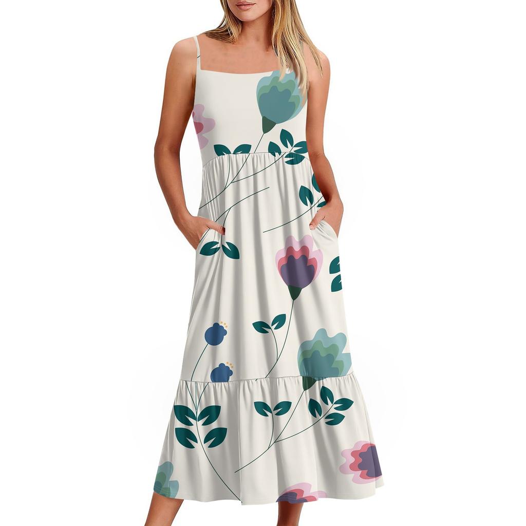 Women's Long Beach Casual Elegant Spaghetti Strap Maxi Dress Floral Low-key Flowing Bohemian Dress