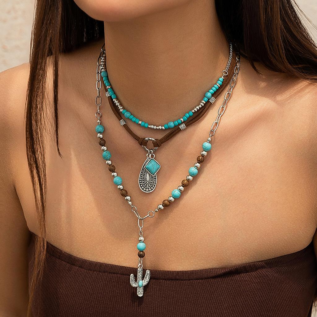 European and American Jewelry Retro Imitation Turquoise Sweater Chain Niche Beaded Necklace Set Ethnic Style Cactus Necklace Decoration